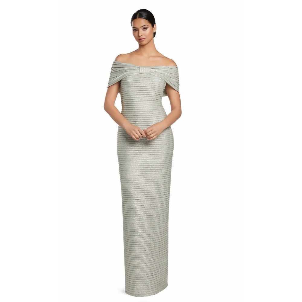NWOT Alexander by Daymor 2066 Off Shoulder Sleeves Evening Dress. Silver Size 8